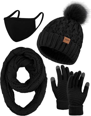 Aneco Winter Warm Knit Set Infinity Scarf Pompom Beanie Hat Touchscreen Gloves Face Cover for Men and Women in Kuwait