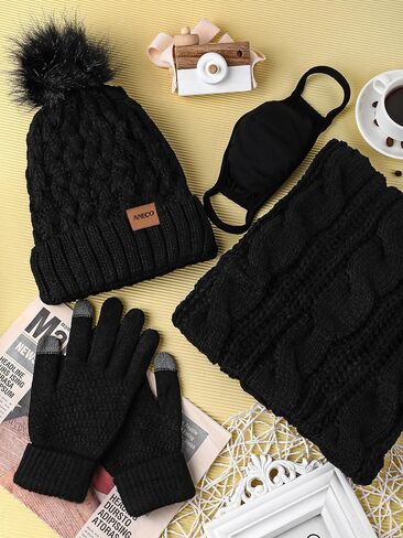 Aneco Winter Warm Knit Set Infinity Scarf Pompom Beanie Hat Touchscreen Gloves Face Cover for Men and Women in Kuwait