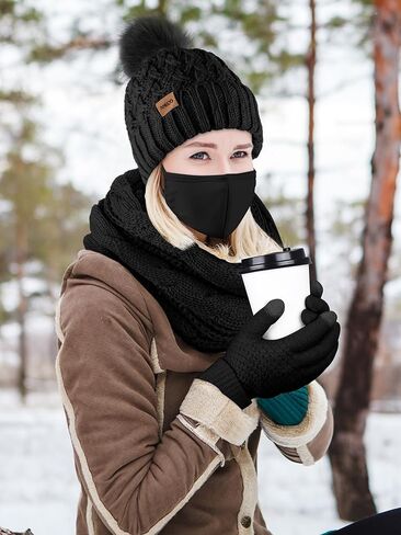 Aneco Winter Warm Knit Set Infinity Scarf Pompom Beanie Hat Touchscreen Gloves Face Cover for Men and Women in Kuwait