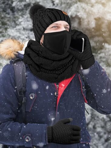 Aneco Winter Warm Knit Set Infinity Scarf Pompom Beanie Hat Touchscreen Gloves Face Cover for Men and Women in Kuwait