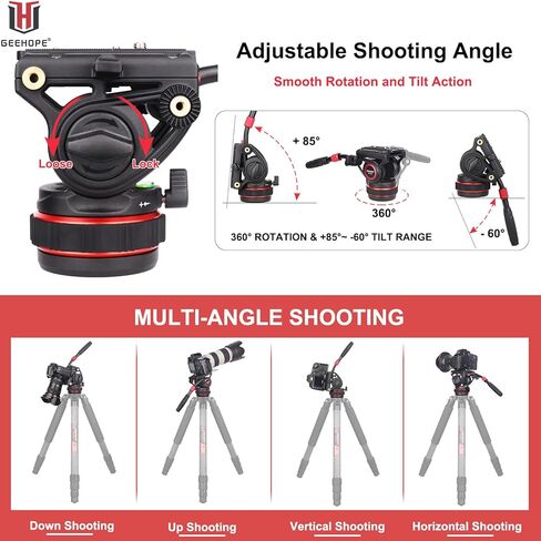 GEEHOPE Pro Video Tripod Fluid Head with Infinitely Adjustable Swivel Loss, Heavy Duty Pan Head with QR Plate for Manfrotto and DJI RS2/RS3, Load Capacity up to 11 kg, for DSLR Cameras in Kuwait