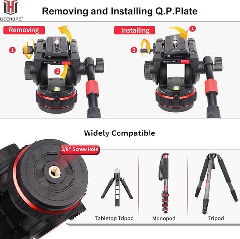 GEEHOPE Pro Video Tripod Fluid Head with Infinitely Adjustable Swivel Loss, Heavy Duty Pan Head with QR Plate for Manfrotto and DJI RS2/RS3, Load Capacity up to 11 kg, for DSLR Cameras in Kuwait