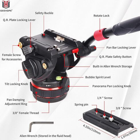 GEEHOPE Pro Video Tripod Fluid Head with Infinitely Adjustable Swivel Loss, Heavy Duty Pan Head with QR Plate for Manfrotto and DJI RS2/RS3, Load Capacity up to 11 kg, for DSLR Cameras in Kuwait