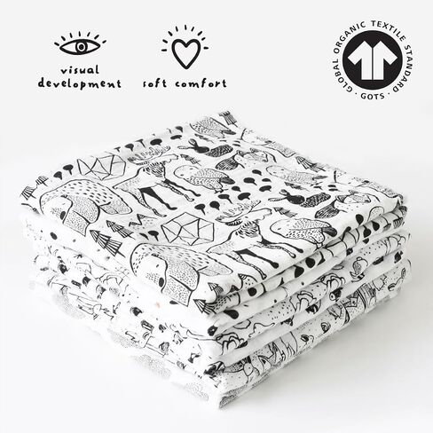 وي جاليري، قماط موسلين عضوي - غابة - تصميم حيوانات الغابة، أبيض وأسود لتنمية بصرية الطفل، قماط قطني عالي الجودة أو بطانية استلام in Kuwait