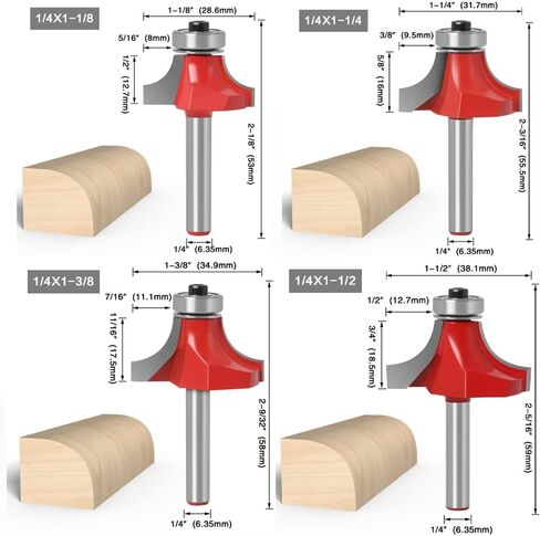 WSOOX 8 قطعة مجموعة لقم التوجيه المستديرة 1/4 بوصة عرقوب تشكيل نصف قطر دائري للديكور لقمة التوجيه (نصف القطر في 1/8"، 11/64"، 3/16"، 1/4"، 5/16"، 3/8" "،7/16"،1/2") in Kuwait
