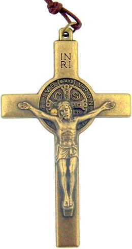 Religious Gifts Saint St Benedict of Nursia Cross 3 Inch Bronze Tone Crucifix on Cord Chain in Saudi Arabia