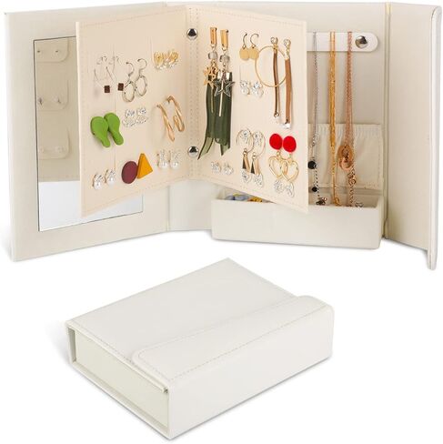 Aihaomai Jewelry Box Organizer 7.4 in, White PU Leather Diary Design with Magnetic Closure for Earrings, Bracelets, Necklaces, and Rings - A Gift for Women -A Woman's holiday gift in Kuwait