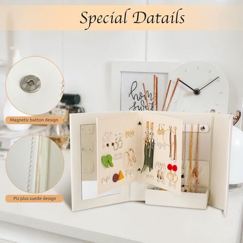Aihaomai Jewelry Box Organizer 7.4 in, White PU Leather Diary Design with Magnetic Closure for Earrings, Bracelets, Necklaces, and Rings - A Gift for Women -A Woman's holiday gift in Kuwait
