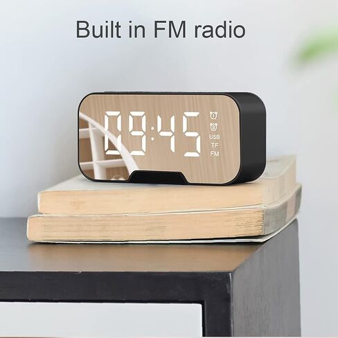 Kakalote منبه رقمي ساعة منبه ذكية مع مكبر صوت مقاوم للماء بلوتوث راديو FM مرآة ساعة لاسلكية LED بجانب السرير لغرفة النوم وغرفة المعيشة وطاولة المكتب (أسود) in Kuwait