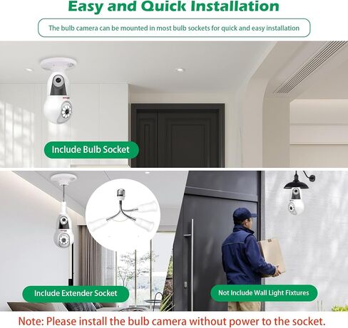 Light Bulb Security Camera Wireless, 4MP Dual Lens Bulb Camera Outdoor Indoor, 2.4Ghz Light Socket Camera with Motion Detection, Human Tracking, Full Color Night Vision, 24/7 Recording, SD/Cloud in Kuwait