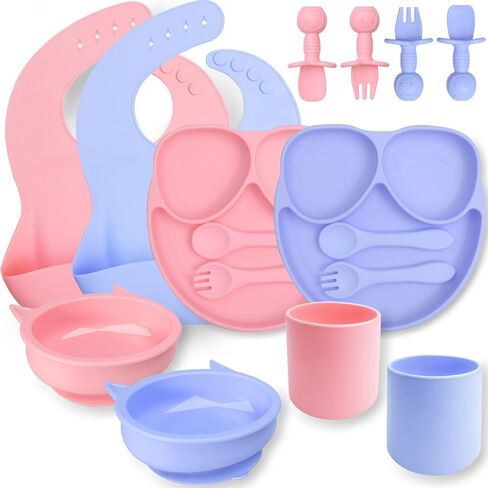 لوازم فطام الأطفال، مجموعة مكونة من 16 قطعة من السيليكون لتغذية الأطفال، مستلزمات تغذية الأطفال، مجموعة أدوات تناول الطعام للرضع مع أوعية شفط وألواح ومرايل وأكواب وملاعق وشوك - من عمر 6 أشهر فما فوق in Kuwait