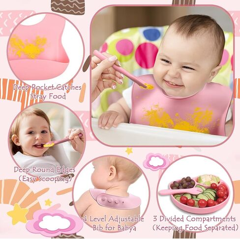 لوازم فطام الأطفال، مجموعة مكونة من 16 قطعة من السيليكون لتغذية الأطفال، مستلزمات تغذية الأطفال، مجموعة أدوات تناول الطعام للرضع مع أوعية شفط وألواح ومرايل وأكواب وملاعق وشوك - من عمر 6 أشهر فما فوق in Kuwait