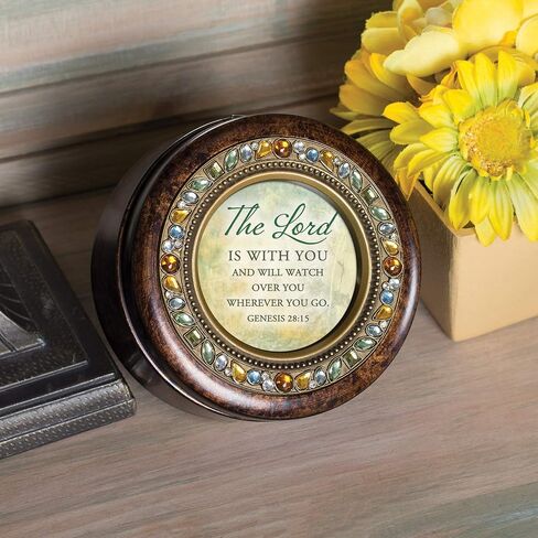 Cottage Garden Watching Over You Inspirational Amber Earth Tone Jeweled Round Music Box Plays How Great Thou Art in Saudi Arabia