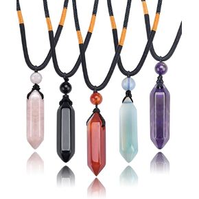 5 قطع من عقد كريستال علاجي سداسي طبيعي مدبب، قلادة من الاحجار الكريمة الطبيعية، قلادة ريكي الشفاء شاكرا حجر كوارتز قابلة للتعديل، قلادة حبل للنساء والرجال in Kuwait