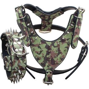 PU Leather Spiked Studded Dog Collars, Harnesses 2Pcs Matching Set for Medium & Large Dogs Pit Bull,Mastiff, Boxer, Bull Terrier (Studs Camo, M) in Kuwait