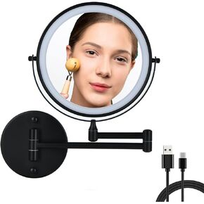 Wall Mounted Lighted Makeup Mirror Bathroom Black USB Rechargeable Model 8" 1X/10/ Magnifying Cosmetic Mirror with 3 Color Modes，Extended arm 360 Rotation Shaving Light up Mirror in Saudi Arabia