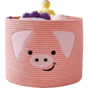 OMERAI Animal Baskets Cotton Rope Woven Storage Basket for Toys Blankets Laundry Nursery, Large Foldable Organizer with Cute Pig Design and Handles, 15"D x 12.6"H (Pink) in Kuwait