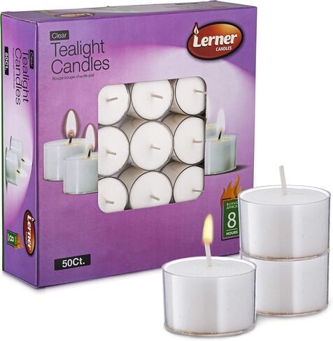 Lerner Clear Tea Lights Candles Bulk - Long Burning 8 Hour Clear Cup Tealight 50 Pack - Consistent Smkless Clean Burning - Holiday, Wedding, Spa, Emergency and Home Decoration Candles in Saudi Arabia