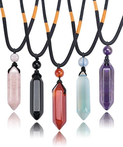 5 قطع من عقد كريستال علاجي سداسي طبيعي مدبب، قلادة من الاحجار الكريمة الطبيعية، قلادة ريكي الشفاء شاكرا حجر كوارتز قابلة للتعديل، قلادة حبل للنساء والرجال in Kuwait