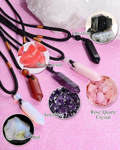 5 قطع من عقد كريستال علاجي سداسي طبيعي مدبب، قلادة من الاحجار الكريمة الطبيعية، قلادة ريكي الشفاء شاكرا حجر كوارتز قابلة للتعديل، قلادة حبل للنساء والرجال in Kuwait