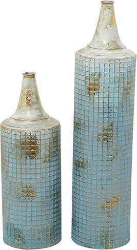 79 ديكو مزهرية معدنية طويلة بتصميم ممزق، مجموعة من 2 قطعة 25 انش، ارتفاع 18 انش، ازرق in Kuwait