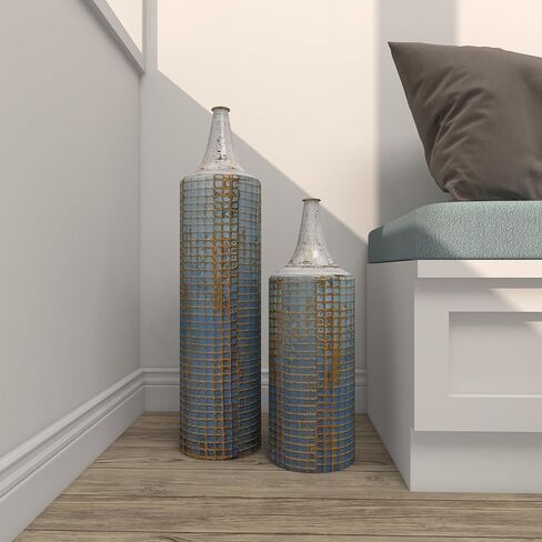 79 ديكو مزهرية معدنية طويلة بتصميم ممزق، مجموعة من 2 قطعة 25 انش، ارتفاع 18 انش، ازرق in Kuwait