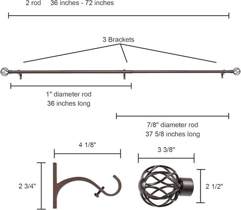 قضيب ستارة نافذة مزخرف مقاس 1 بوصة من Kemmie مع نهايات قفص منحنيات ملتوية مستديرة، طول تلسكوبي 36-72 بوصة، برونزي in Kuwait