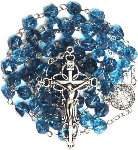 GeekTenet Rosary Beads Chaplet Rhombus Natural Aquamarine Crystal Rosery Cross Catholic gifts in Kuwait