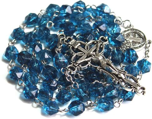 GeekTenet Rosary Beads Chaplet Rhombus Natural Aquamarine Crystal Rosery Cross Catholic gifts in Kuwait