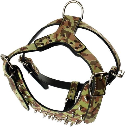 PU Leather Spiked Studded Dog Collars, Harnesses 2Pcs Matching Set for Medium & Large Dogs Pit Bull,Mastiff, Boxer, Bull Terrier (Studs Camo, M) in Saudi Arabia