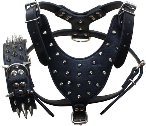 PU Leather Spiked Studded Dog Collars, Harnesses 2Pcs Matching Set for Medium & Large Dogs Pit Bull,Mastiff, Boxer, Bull Terrier (Studs Camo, M) in Kuwait