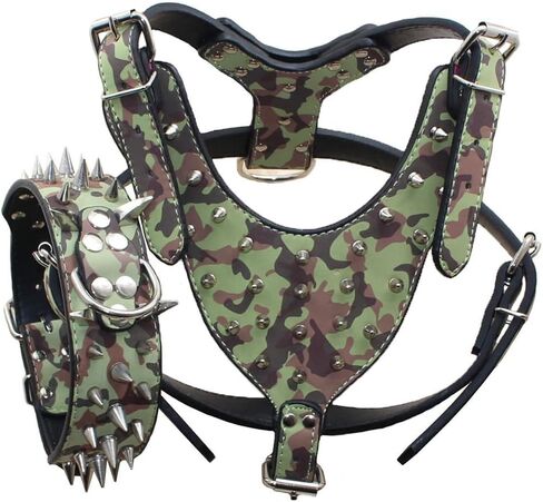 PU Leather Spiked Studded Dog Collars, Harnesses 2Pcs Matching Set for Medium & Large Dogs Pit Bull,Mastiff, Boxer, Bull Terrier (Studs Camo, M) in Saudi Arabia