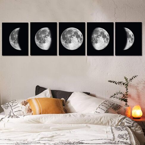 5 قطع ديكور حائط على شكل قمر - لوحات فنية مطبوعة على القماش باللونين الاسود والابيض والقمر القمري، بوستر مطبوع تجريدي للمكتب وغرفة النوم وغرفة المعيشة وغرفة النوم، لوحات بدون اطار لديكور المنزل in Kuwait