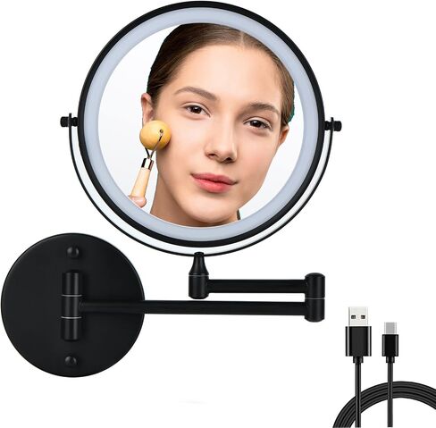 Wall Mounted Lighted Makeup Mirror Bathroom Black USB Rechargeable Model 8" 1X/10/ Magnifying Cosmetic Mirror with 3 Color Modes，Extended arm 360 Rotation Shaving Light up Mirror in Saudi Arabia