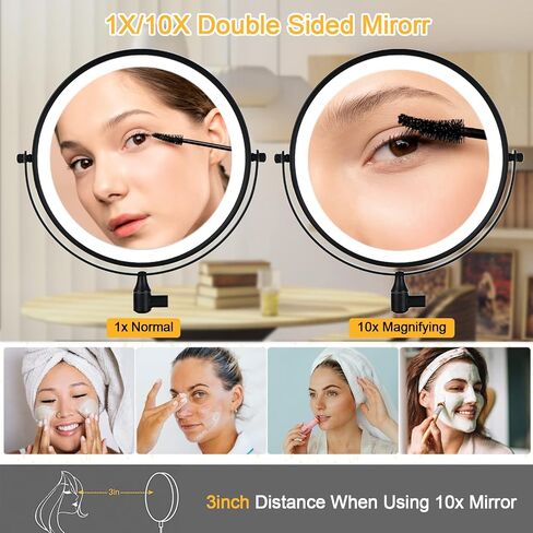 Wall Mounted Lighted Makeup Mirror Bathroom Black USB Rechargeable Model 8" 1X/10/ Magnifying Cosmetic Mirror with 3 Color Modes，Extended arm 360 Rotation Shaving Light up Mirror in Saudi Arabia