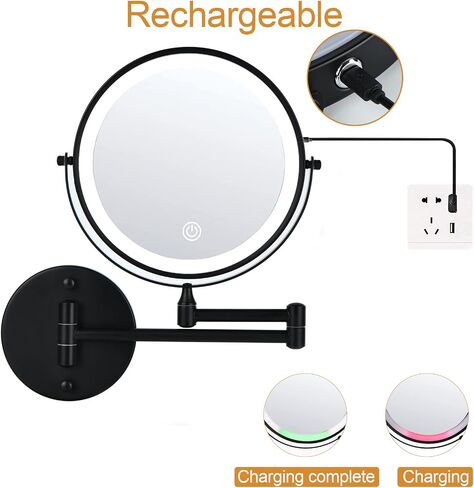 Wall Mounted Lighted Makeup Mirror Bathroom Black USB Rechargeable Model 8" 1X/10/ Magnifying Cosmetic Mirror with 3 Color Modes，Extended arm 360 Rotation Shaving Light up Mirror in Saudi Arabia
