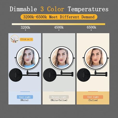Wall Mounted Lighted Makeup Mirror Bathroom Black USB Rechargeable Model 8" 1X/10/ Magnifying Cosmetic Mirror with 3 Color Modes，Extended arm 360 Rotation Shaving Light up Mirror in Saudi Arabia