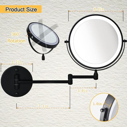 Wall Mounted Lighted Makeup Mirror Bathroom Black USB Rechargeable Model 8" 1X/10/ Magnifying Cosmetic Mirror with 3 Color Modes，Extended arm 360 Rotation Shaving Light up Mirror in Saudi Arabia