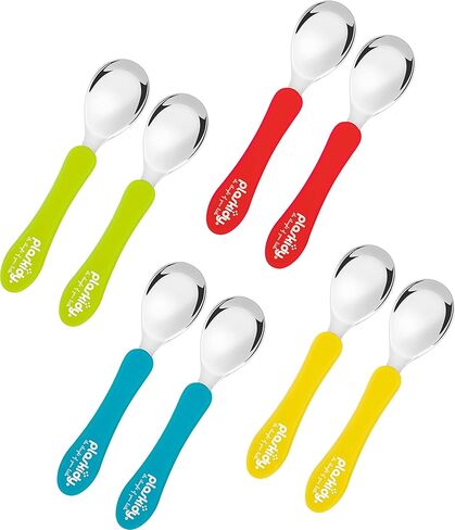 Plaskidy Toddler Spoons Stainless Steel with Silicone Handle Set of 8 Kids Spoons Cutlery Set - Children Safe Utensil Set BPA Free Dishwasher Safe Kid Spoons Flatware Great for Kids and Toddler Spoon in Kuwait