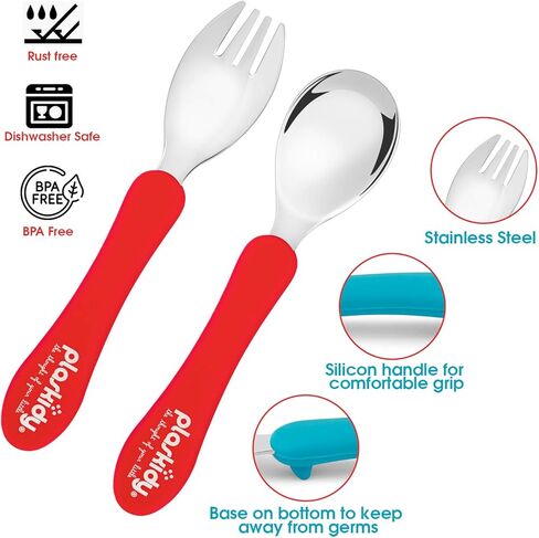 Plaskidy Toddler Spoons Stainless Steel with Silicone Handle Set of 8 Kids Spoons Cutlery Set - Children Safe Utensil Set BPA Free Dishwasher Safe Kid Spoons Flatware Great for Kids and Toddler Spoon in Kuwait