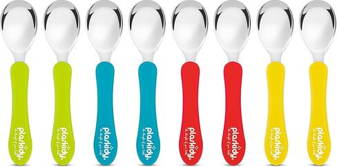 Plaskidy Toddler Spoons Stainless Steel with Silicone Handle Set of 8 Kids Spoons Cutlery Set - Children Safe Utensil Set BPA Free Dishwasher Safe Kid Spoons Flatware Great for Kids and Toddler Spoon in Kuwait