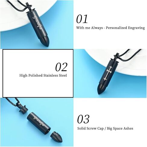 Oinsi Double-Side Engraving Cross &Mom/Dad/Son Keepsake Jewelry -Black Bullet Cremation Urn Necklace for Ashes in Saudi Arabia