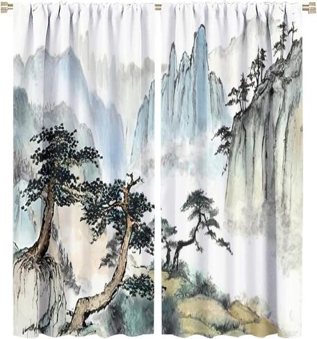 Japanese Cherry Blossom Curtain, Mountains River Clouds Pine Trees Nature Landscape Asian Anime Room Darkening Door Window Rod Pocket Curtain for Bedroom Kitchen Living Room 42x45in in Saudi Arabia