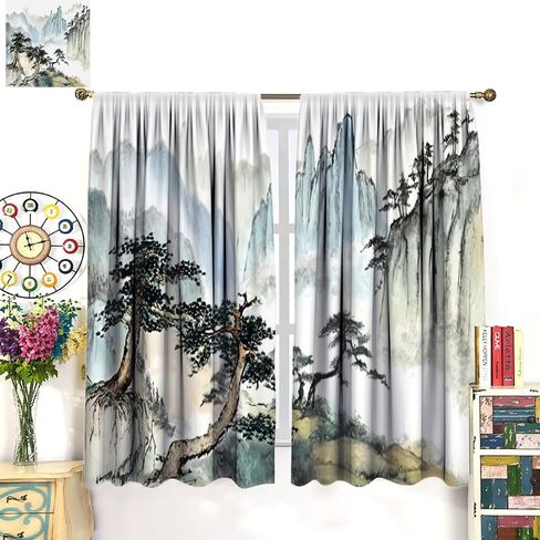 Japanese Cherry Blossom Curtain, Mountains River Clouds Pine Trees Nature Landscape Asian Anime Room Darkening Door Window Rod Pocket Curtain for Bedroom Kitchen Living Room 42x45in in Saudi Arabia