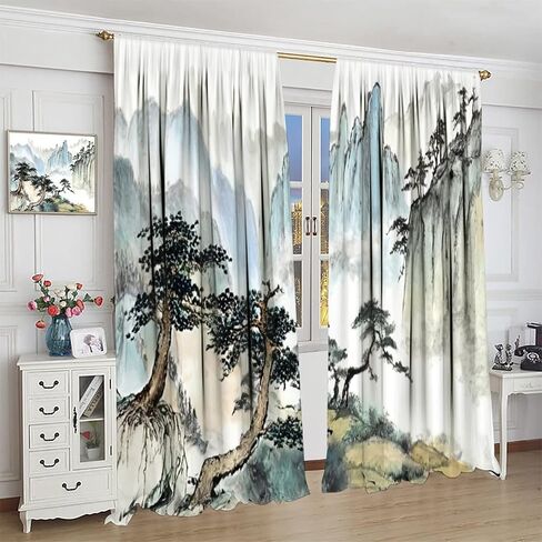 Japanese Cherry Blossom Curtain, Mountains River Clouds Pine Trees Nature Landscape Asian Anime Room Darkening Door Window Rod Pocket Curtain for Bedroom Kitchen Living Room 42x45in in Saudi Arabia