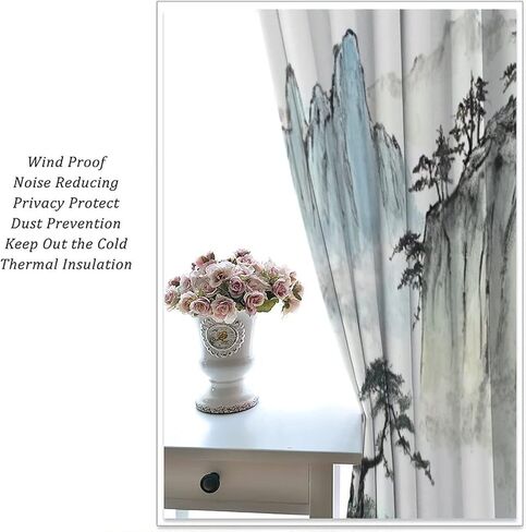Japanese Cherry Blossom Curtain, Mountains River Clouds Pine Trees Nature Landscape Asian Anime Room Darkening Door Window Rod Pocket Curtain for Bedroom Kitchen Living Room 42x45in in Saudi Arabia