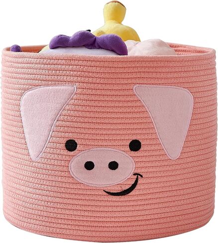 OMERAI Animal Baskets Cotton Rope Woven Storage Basket for Toys Blankets Laundry Nursery, Large Foldable Organizer with Cute Pig Design and Handles, 15"D x 12.6"H (Pink) in Kuwait