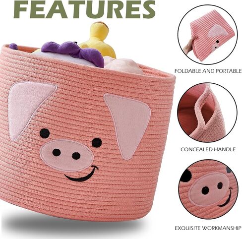 OMERAI Animal Baskets Cotton Rope Woven Storage Basket for Toys Blankets Laundry Nursery, Large Foldable Organizer with Cute Pig Design and Handles, 15"D x 12.6"H (Pink) in Kuwait