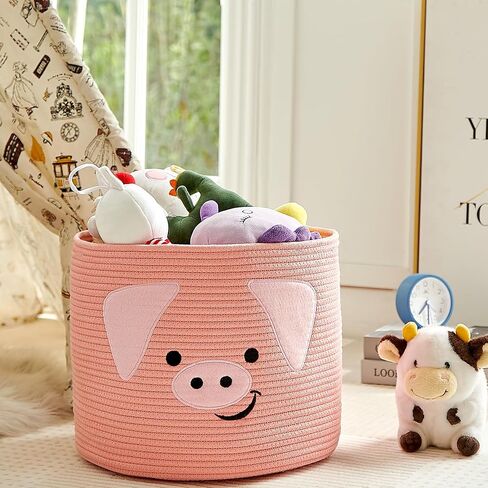 OMERAI Animal Baskets Cotton Rope Woven Storage Basket for Toys Blankets Laundry Nursery, Large Foldable Organizer with Cute Pig Design and Handles, 15"D x 12.6"H (Pink) in Kuwait