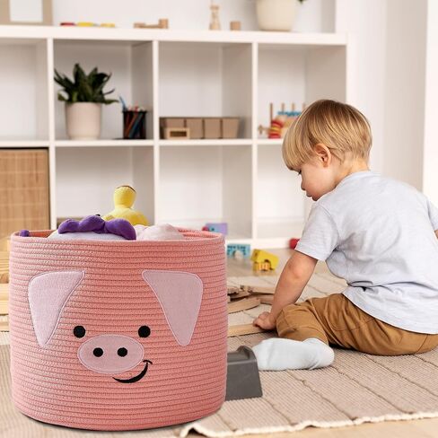 OMERAI Animal Baskets Cotton Rope Woven Storage Basket for Toys Blankets Laundry Nursery, Large Foldable Organizer with Cute Pig Design and Handles, 15"D x 12.6"H (Pink) in Kuwait